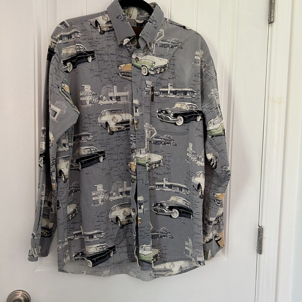 NORTH RIVER OUTFITTERS Men's Classic Cars Long Sleeve Shirt Size M In Gray